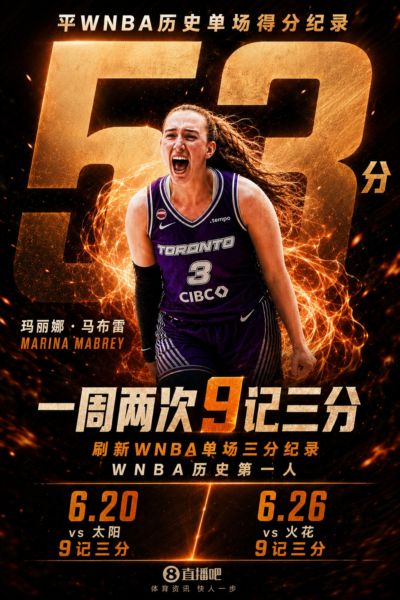 💥马布雷53分平WNBA历史纪录！一周两次9记三分历史第一人！