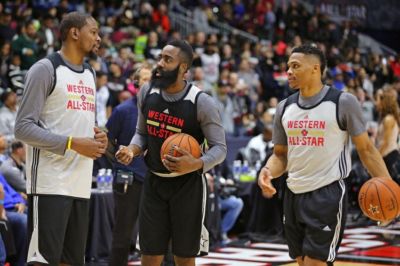 三少平行重逢！近3位单季20次30+火箭球员：哈登、威少、杜兰特
