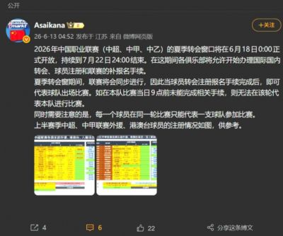 朱艺：夏窗期间联赛同步进行，球员转会注册报名手续完成即可出战