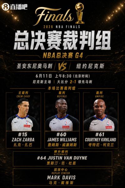 尼克斯2-1马刺~总决赛G4裁判组：主裁扎巴 詹威在列 回放中心马戴