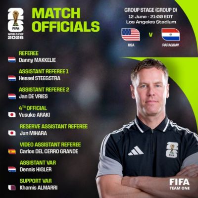 世界杯D组美国VS巴拉圭裁判安排：主裁判马克列，VAR裁判格兰德