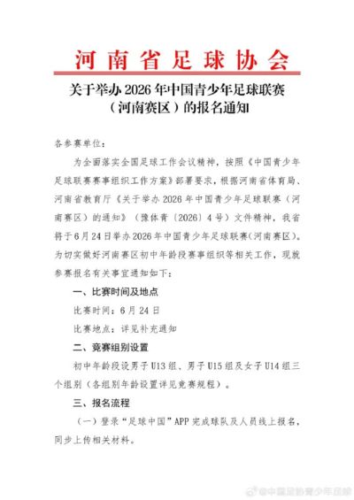 关于举办2026年第五届中国青少年足球联赛（河南赛区）的报名通知