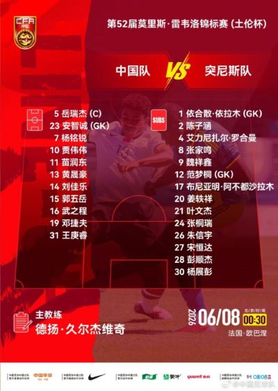 第52届土伦杯，中国队对阵突尼斯队，中国队公布首发阵容