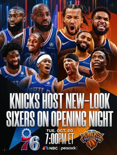 詹姆斯/布伦森领衔!NBA发布76人VS尼克斯海报:新五虎VS冠军首发