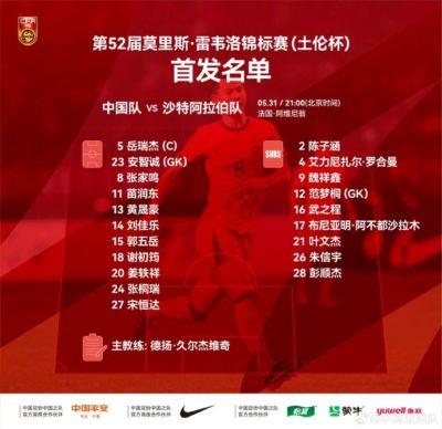 土伦杯中国队对阵沙特阿拉伯队，中国队公布首发阵容