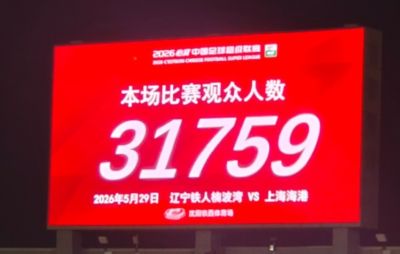 中超第15轮，辽宁铁人VS上海海港现场观众人数达31759人