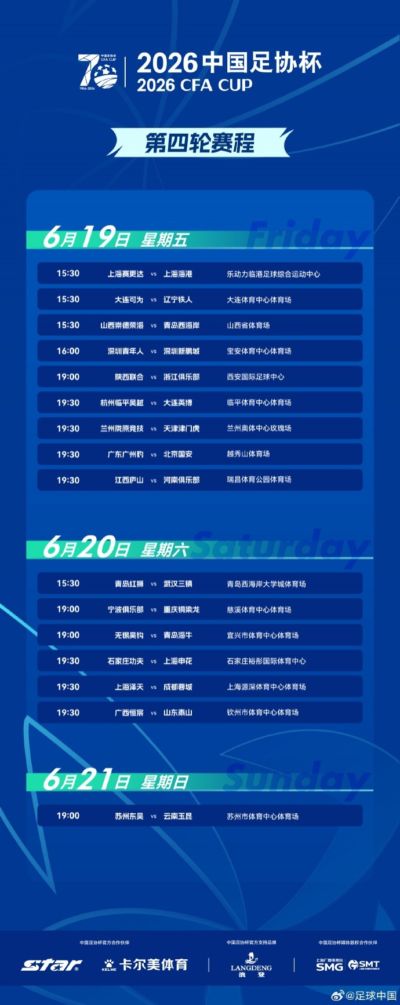 足协杯第4轮赛程：16支中超队登场，上海泽天vs蓉城6月20日19:30
