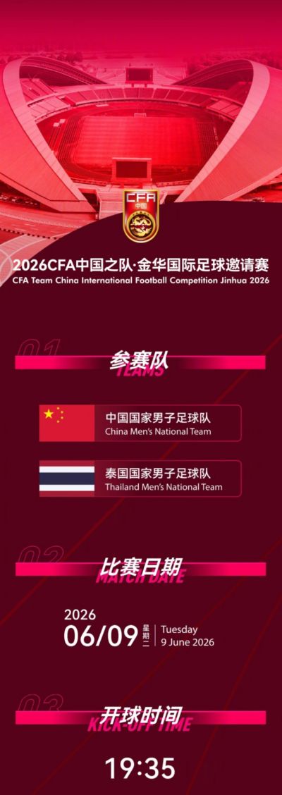 CFA中国之队·金华国际足球邀请赛，中国队将坐镇主场迎战泰国队