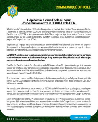 刚果官方：入选世界杯的球员及技术团队不存在感染埃博拉病毒风险