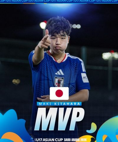 两战中国U17均进球！官方：北原槙获得U17亚洲杯金靴及MVP