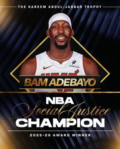 NBA官方：热火球星阿德巴约获得本赛季NBA社会正义冠军奖‌！