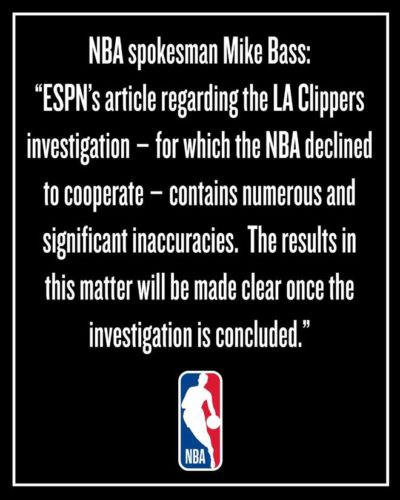 NBA官方:ESPN关于伦纳德“阴阳合同”事件的报道存在大量不实