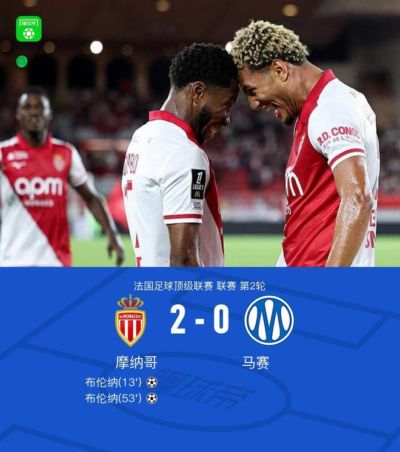 摩纳哥2-0完胜马赛，布伦纳梅开二度