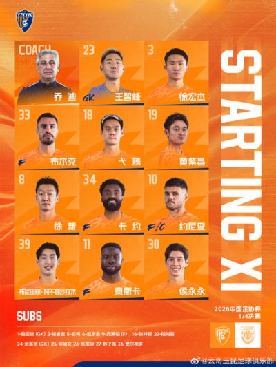 云南玉昆vs重庆铜梁龙 今日首发阵容