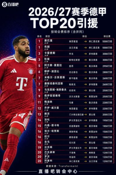 德甲夏窗TOP20：赛巴里、布朗5000万欧成标王 多特签两位希腊国脚