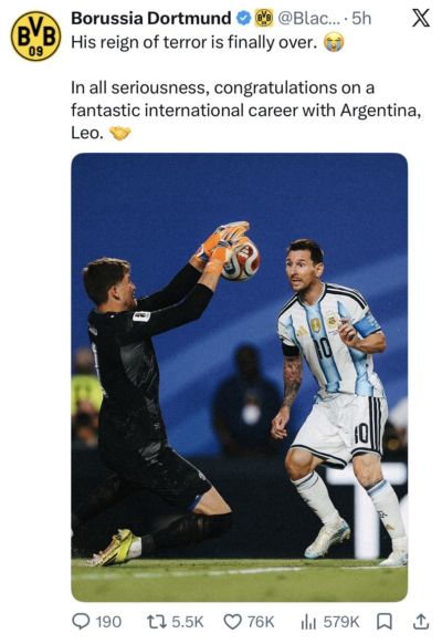 多特官号晒照致敬梅西：被他“恐怖统治”的时代终于结束了