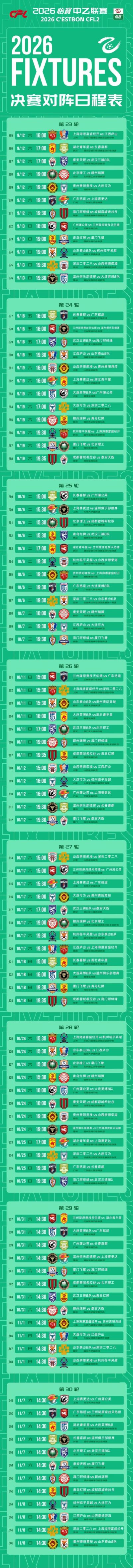 中乙决赛阶段赛程公布：9月12日开战，11月8日收官