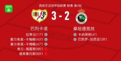 巴列卡诺3-2逆转桑坦德竞技，塞尔希奥-卡梅略梅开二度，拉蒂乌建功