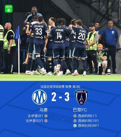 巴黎FC3-2马赛，西纳约科戴帽，古伊里双响