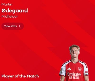 打进制胜球!英超官方:厄德高当选阿森纳2-1切尔西全场最佳球员
