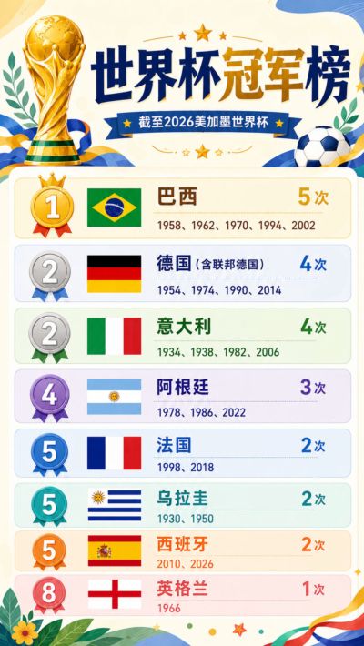 世界杯冠军榜：五星巴西居首 西班牙队再加一星